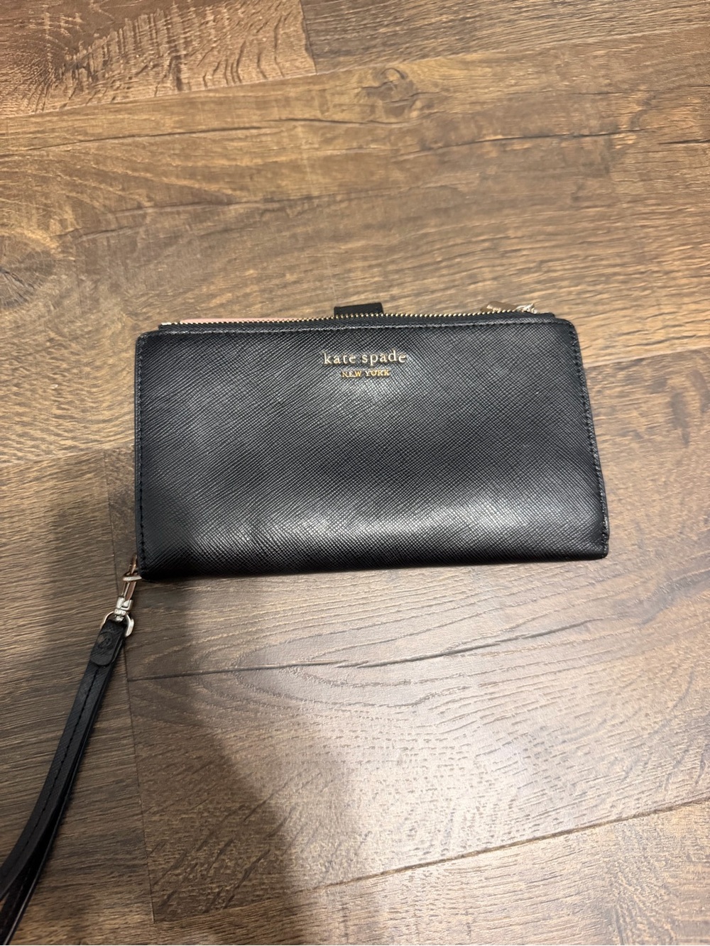 kate spade Black Leather Zip Wallet Wristlet with Gold Logo
